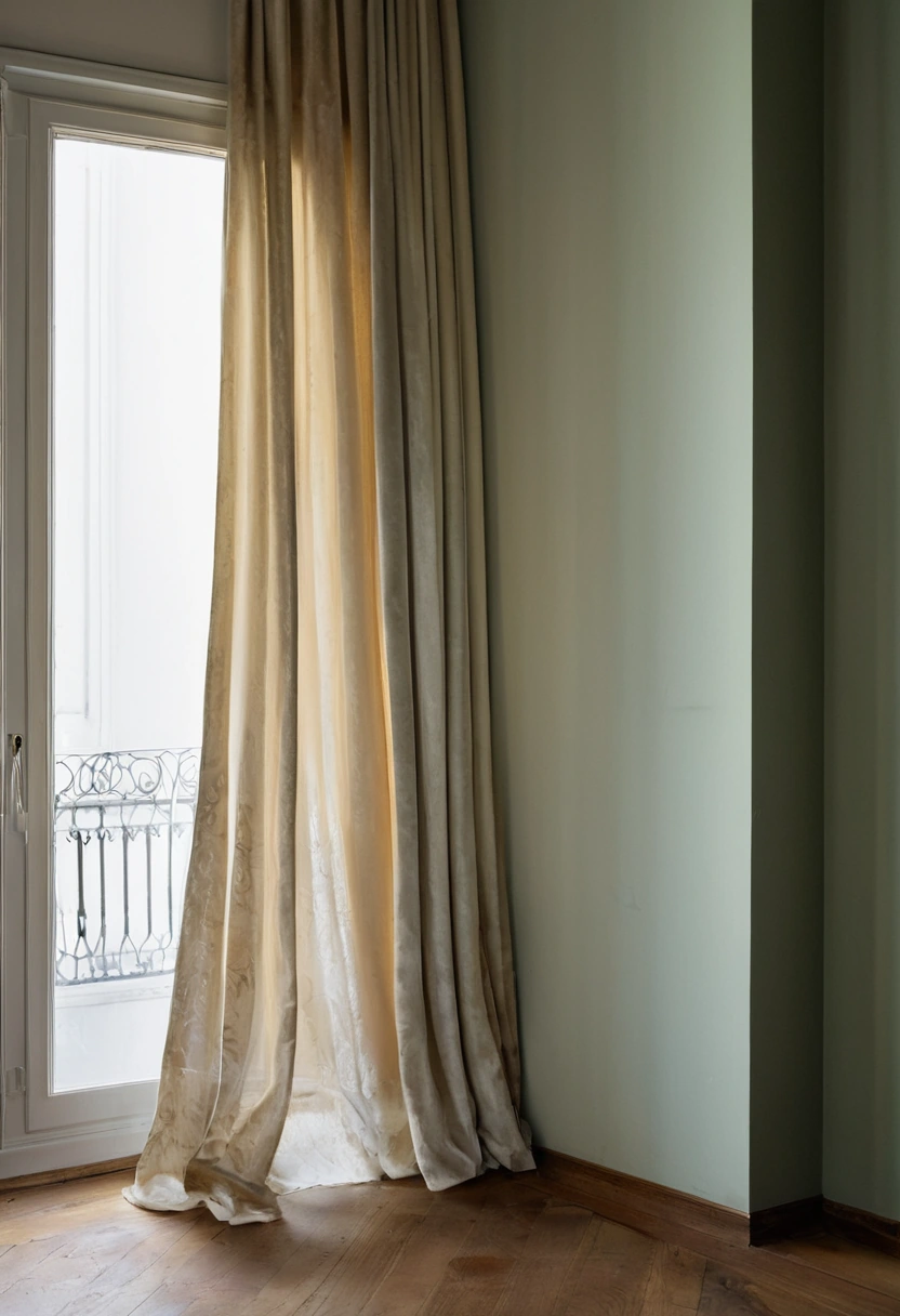 Full-height devore curtain in front of a tall window with sheer burned-out areas transmitting daylight