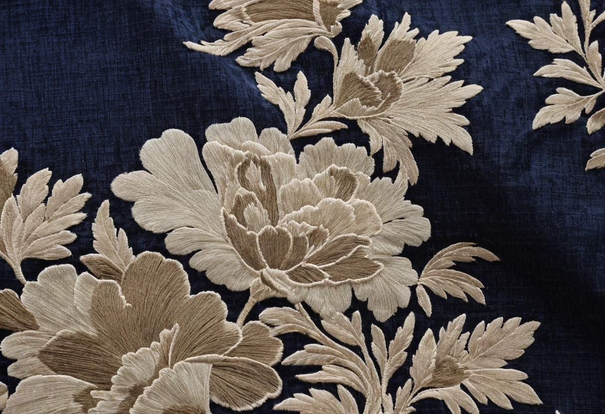 Devore silk velvet panel draped over a pale wooden rail with sheer ground and dense pile areas