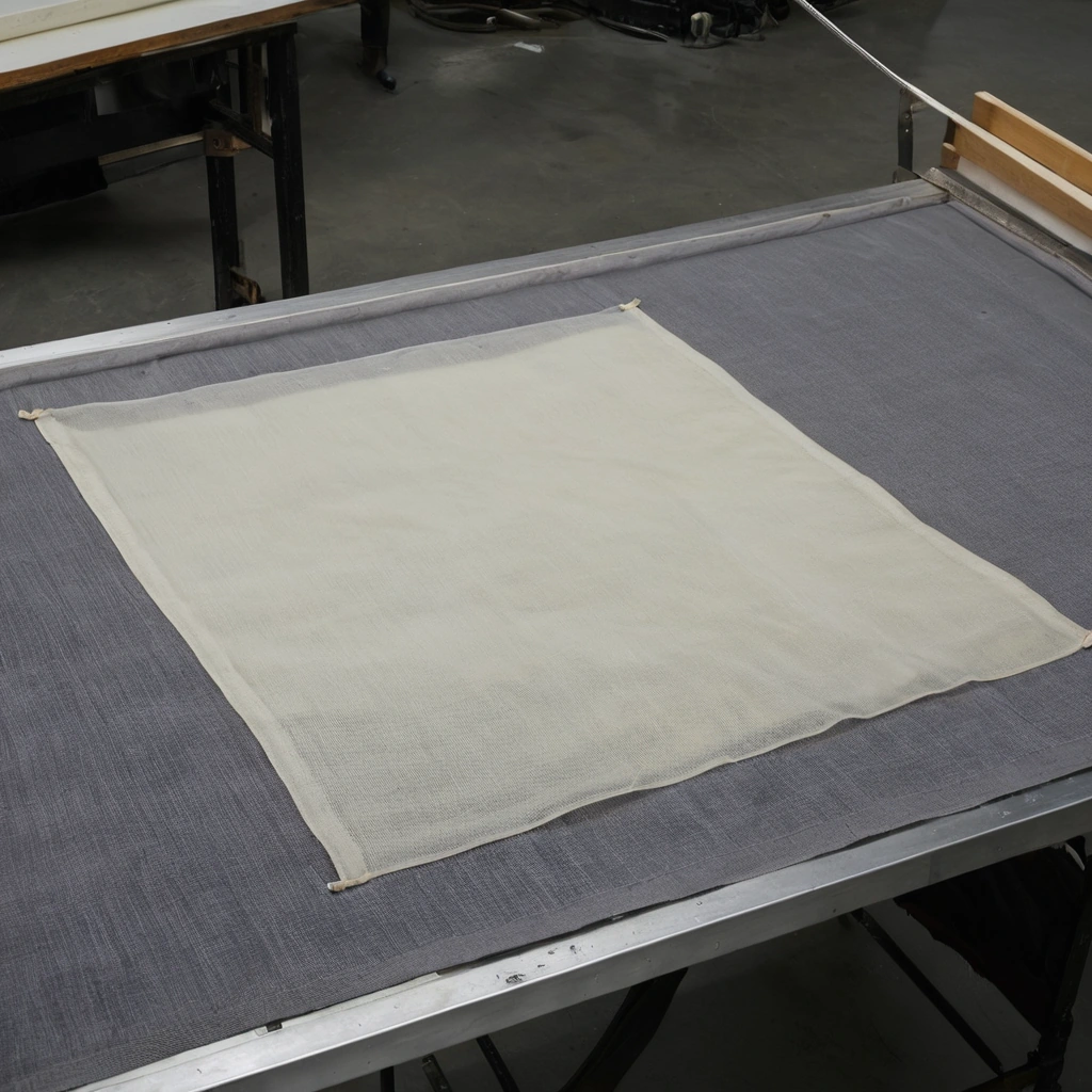 Flat textile screen printing table set up with a screen frame, cloth and pale printing paste